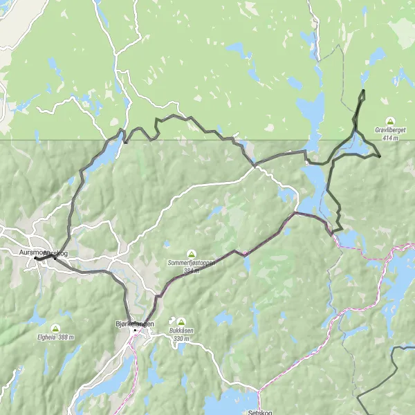 Kartminiatyr av "Aursmoen til Aurskog via Mangen" sykkelinspirasjon i Oslo og Viken, Norway. Generert av Tarmacs.app sykkelrutoplanlegger