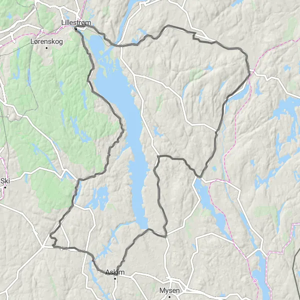 Map miniature of "Aursmoen to Brattåsen Scenic Road Cycling Route" cycling inspiration in Oslo og Viken, Norway. Generated by Tarmacs.app cycling route planner