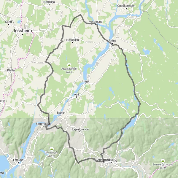 Map miniature of "Aursmoen to Sørumsand Road Cycling Route" cycling inspiration in Oslo og Viken, Norway. Generated by Tarmacs.app cycling route planner