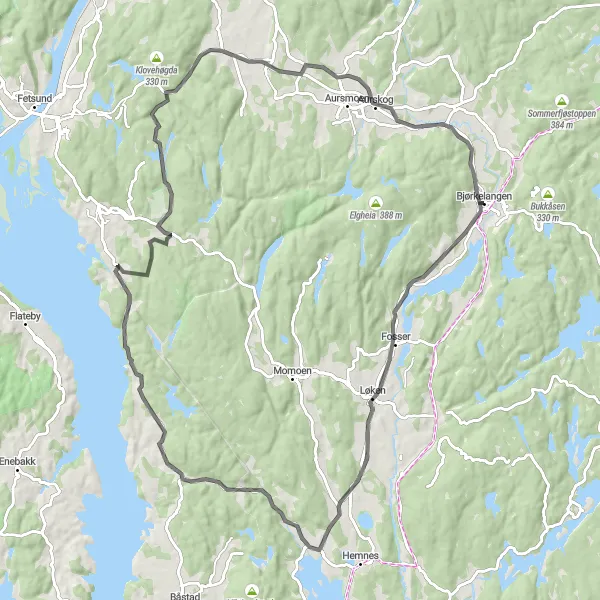 Map miniature of "Bjørkelangen and Aurskog Loop" cycling inspiration in Oslo og Viken, Norway. Generated by Tarmacs.app cycling route planner