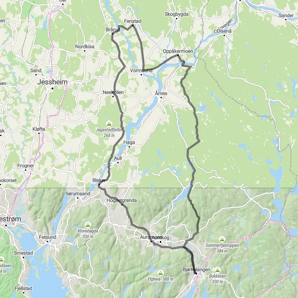 Map miniature of "Aursmoen and Neskollen Loop" cycling inspiration in Oslo og Viken, Norway. Generated by Tarmacs.app cycling route planner