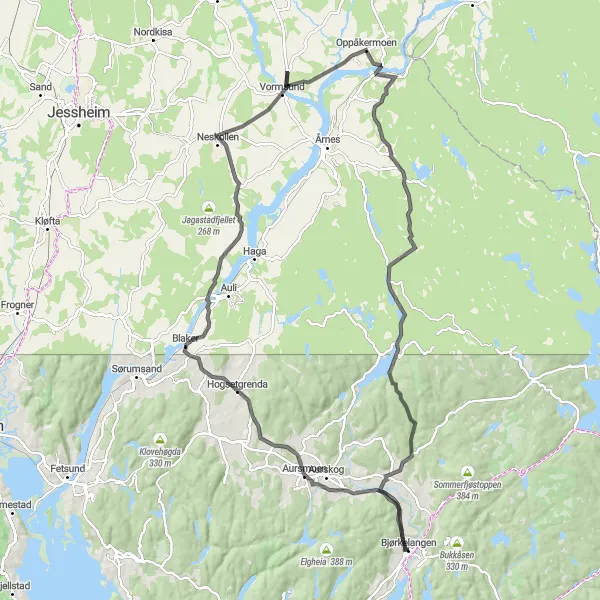 Map miniature of "Aursmoen and Blaker Scenic Tour" cycling inspiration in Oslo og Viken, Norway. Generated by Tarmacs.app cycling route planner