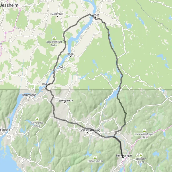 Map miniature of "Scenic Route through Blaker and Årnes" cycling inspiration in Oslo og Viken, Norway. Generated by Tarmacs.app cycling route planner