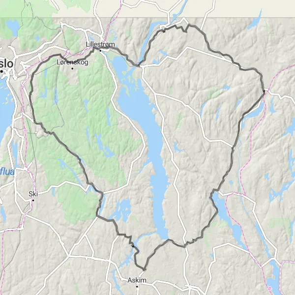 Kartminiatyr av "Rundtur fra Bjørkelangen til Sørumsand" sykkelinspirasjon i Oslo og Viken, Norway. Generert av Tarmacs.app sykkelrutoplanlegger