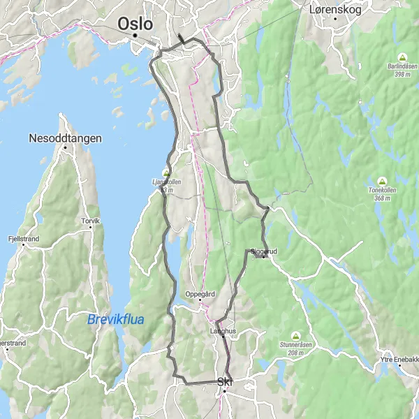 Map miniature of "Ensjø to Abildsø Road Cycling Route" cycling inspiration in Oslo og Viken, Norway. Generated by Tarmacs.app cycling route planner