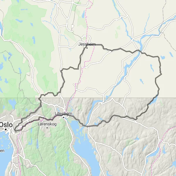 Kartminiatyr av "Landeveier langs byen" sykkelinspirasjon i Oslo og Viken, Norway. Generert av Tarmacs.app sykkelrutoplanlegger