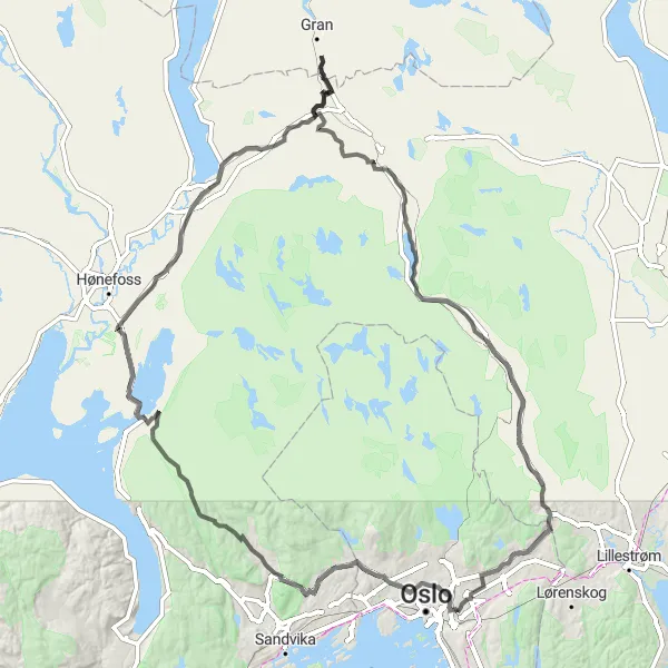 Map miniature of "Grünerløkka to Kolås Road Ride" cycling inspiration in Oslo og Viken, Norway. Generated by Tarmacs.app cycling route planner