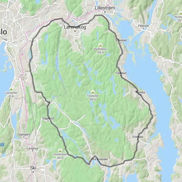 Kartminiatyr av "Lokal Kultur og Natur Rundt Enebakk" sykkelinspirasjon i Oslo og Viken, Norway. Generert av Tarmacs.app sykkelrutoplanlegger