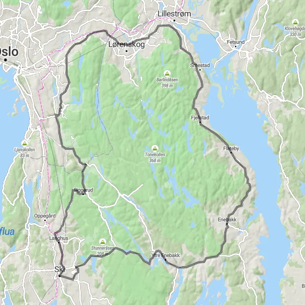 Map miniature of "Ytre Enebakk Loop" cycling inspiration in Oslo og Viken, Norway. Generated by Tarmacs.app cycling route planner