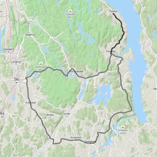 Kartminiatyr av "Enebakk til Flateby Rundtur" sykkelinspirasjon i Oslo og Viken, Norway. Generert av Tarmacs.app sykkelrutoplanlegger
