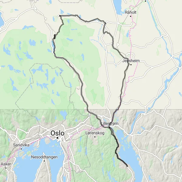 Kartminiatyr av "Gatelangs i Oslo og Viken" sykkelinspirasjon i Oslo og Viken, Norway. Generert av Tarmacs.app sykkelrutoplanlegger