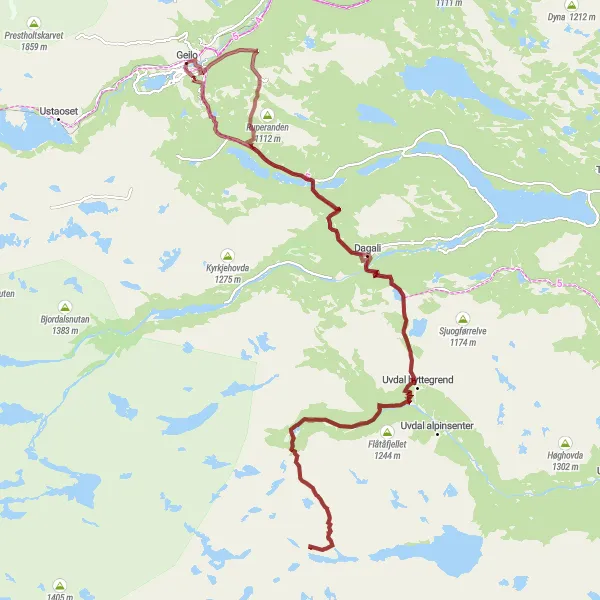 Map miniature of "Geilo and Snøfonnskardnutan Gravel Adventure" cycling inspiration in Oslo og Viken, Norway. Generated by Tarmacs.app cycling route planner