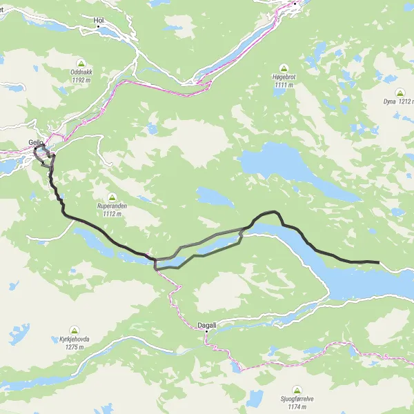 Map miniature of "Geilo to Kikut Loop" cycling inspiration in Oslo og Viken, Norway. Generated by Tarmacs.app cycling route planner