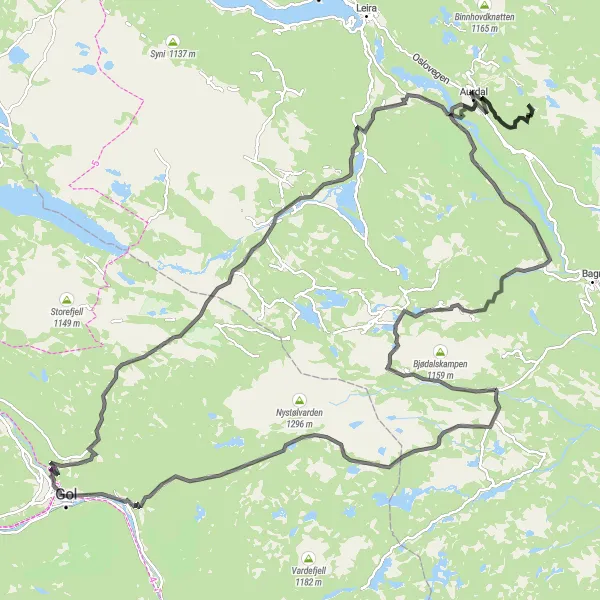 Map miniature of "Mountain Wonderland: Gol to Aurdal" cycling inspiration in Oslo og Viken, Norway. Generated by Tarmacs.app cycling route planner