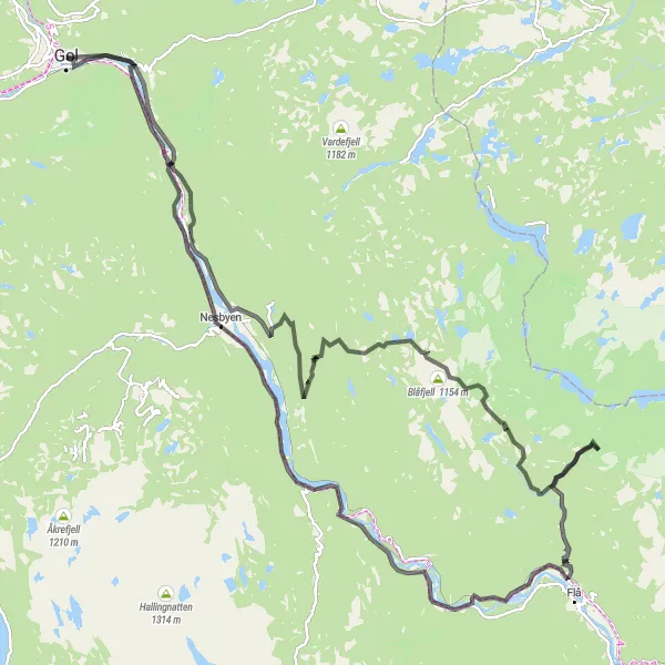 Map miniature of "Gol to Nesbyen Discovery" cycling inspiration in Oslo og Viken, Norway. Generated by Tarmacs.app cycling route planner