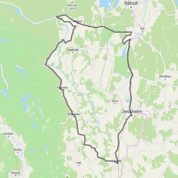 Map miniature of "Kløfta to Jessheim Loop" cycling inspiration in Oslo og Viken, Norway. Generated by Tarmacs.app cycling route planner