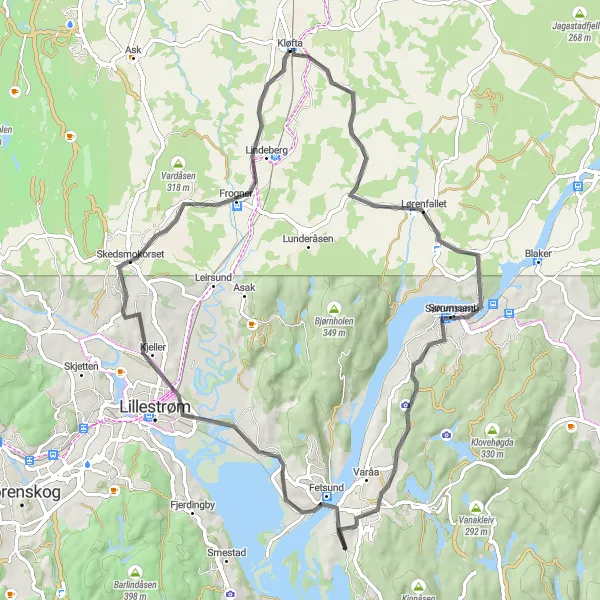 Map miniature of "Kløfta to Frogner Loop" cycling inspiration in Oslo og Viken, Norway. Generated by Tarmacs.app cycling route planner
