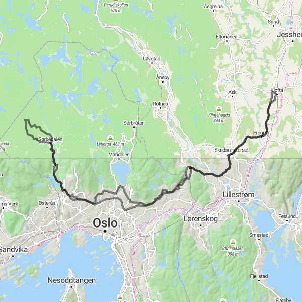 Map miniature of "Kløfta to Skedsmokorset Loop" cycling inspiration in Oslo og Viken, Norway. Generated by Tarmacs.app cycling route planner