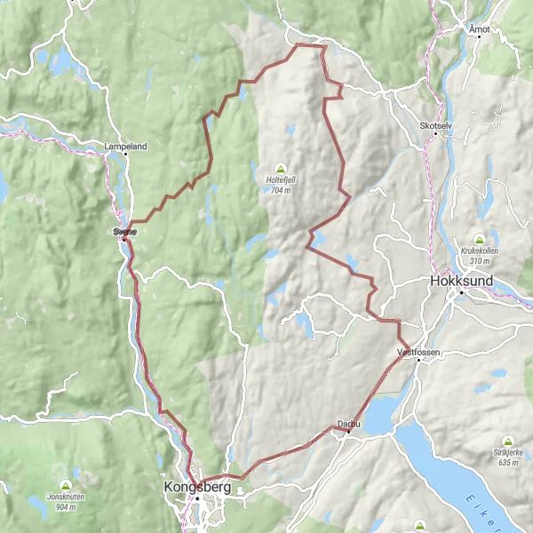 Map miniature of "The Scenic Gravel Exploration of Kongsberg and Beyond" cycling inspiration in Oslo og Viken, Norway. Generated by Tarmacs.app cycling route planner