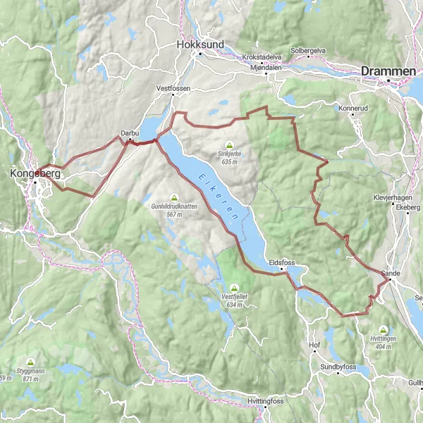 Map miniature of "Gravel Adventure: Kongsberg to Darbu" cycling inspiration in Oslo og Viken, Norway. Generated by Tarmacs.app cycling route planner