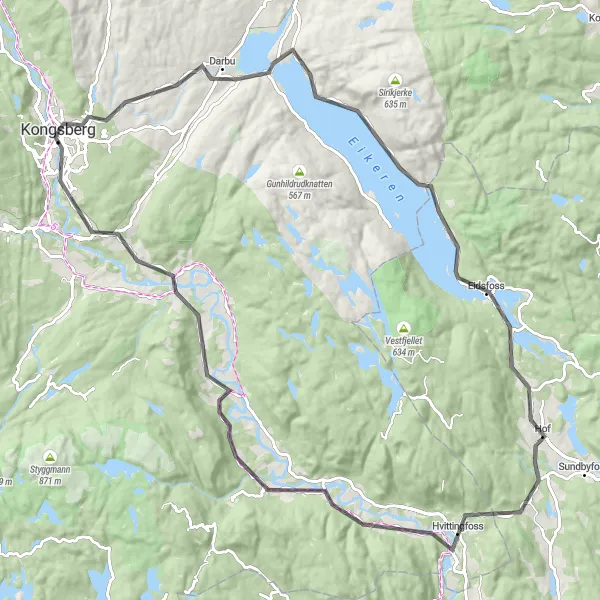 Map miniature of "Kongsberg to Darbu Route" cycling inspiration in Oslo og Viken, Norway. Generated by Tarmacs.app cycling route planner