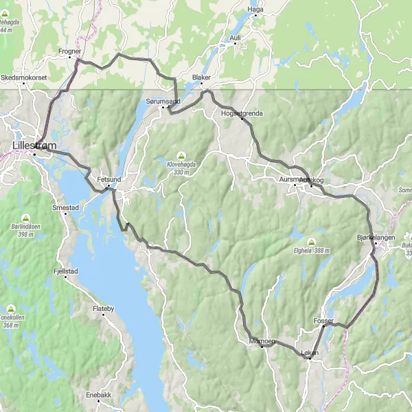 Map miniature of "Lørenfallet Scenic Road Loop" cycling inspiration in Oslo og Viken, Norway. Generated by Tarmacs.app cycling route planner