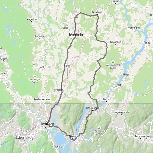 Map miniature of "Jessheim Circuit" cycling inspiration in Oslo og Viken, Norway. Generated by Tarmacs.app cycling route planner