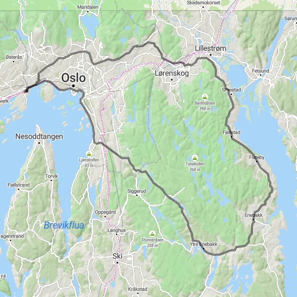 Kartminiatyr av "Lysaker - Ytre Enebakk Loop" sykkelinspirasjon i Oslo og Viken, Norway. Generert av Tarmacs.app sykkelrutoplanlegger