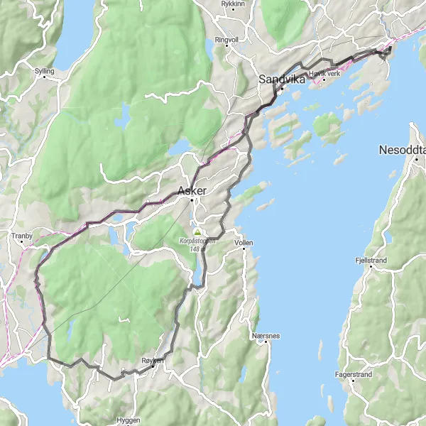 Kartminiatyr av "Lysaker - Spikkestad rundtur" sykkelinspirasjon i Oslo og Viken, Norway. Generert av Tarmacs.app sykkelrutoplanlegger