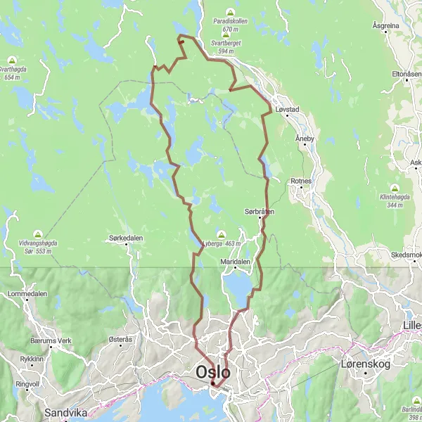 Kartminiatyr av "Hadelands Høyderunde" sykkelinspirasjon i Oslo og Viken, Norway. Generert av Tarmacs.app sykkelrutoplanlegger