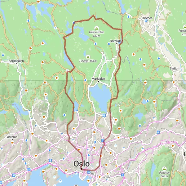 Kartminiatyr av "Naturskjønn Grusveiturn gjennom Blindern og Grefsenkollen" sykkelinspirasjon i Oslo og Viken, Norway. Generert av Tarmacs.app sykkelrutoplanlegger