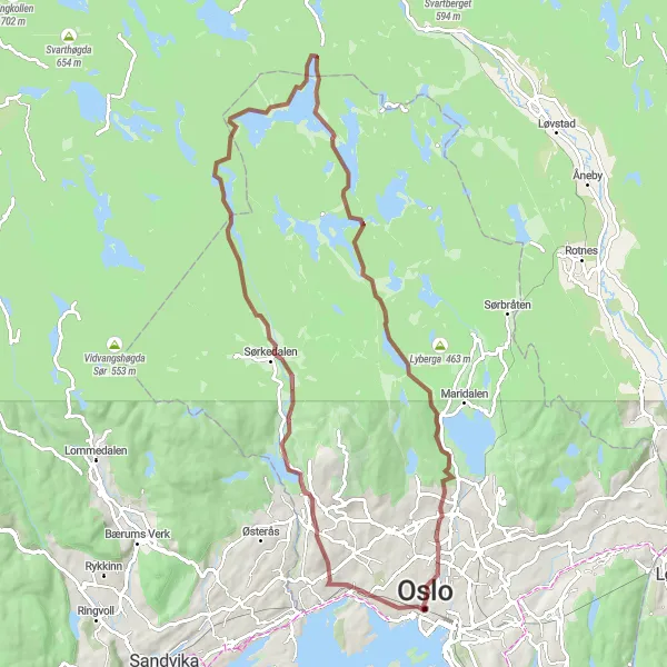 Kartminiatyr av "Grusvei rundtur fra Oslo til Hadelandshøgda" sykkelinspirasjon i Oslo og Viken, Norway. Generert av Tarmacs.app sykkelrutoplanlegger