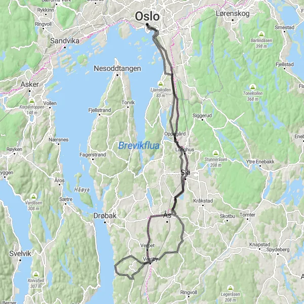 Kartminiatyr av "Lang og utfordrende road trip rundt Oslo" sykkelinspirasjon i Oslo og Viken, Norway. Generert av Tarmacs.app sykkelrutoplanlegger