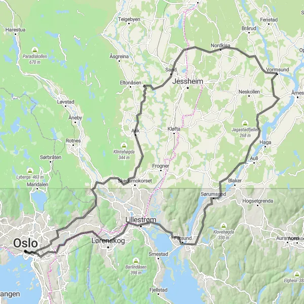 Map miniature of "Scenic Exploration of Oslo and Viken" cycling inspiration in Oslo og Viken, Norway. Generated by Tarmacs.app cycling route planner