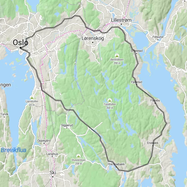 Map miniature of "Urban Oslo Road Loop" cycling inspiration in Oslo og Viken, Norway. Generated by Tarmacs.app cycling route planner