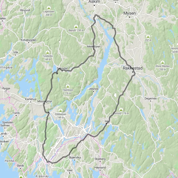Kartminiatyr av "Oppdagende Rakkestad Sykkeltur" sykkelinspirasjon i Oslo og Viken, Norway. Generert av Tarmacs.app sykkelrutoplanlegger
