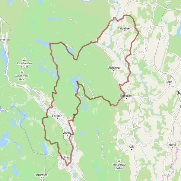 Kartminiatyr av "Rotnes til Åneby grusvei" sykkelinspirasjon i Oslo og Viken, Norway. Generert av Tarmacs.app sykkelrutoplanlegger