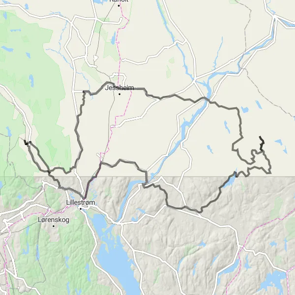 Kartminiatyr av "Rotnes til Sørumsand veien" sykkelinspirasjon i Oslo og Viken, Norway. Generert av Tarmacs.app sykkelrutoplanlegger