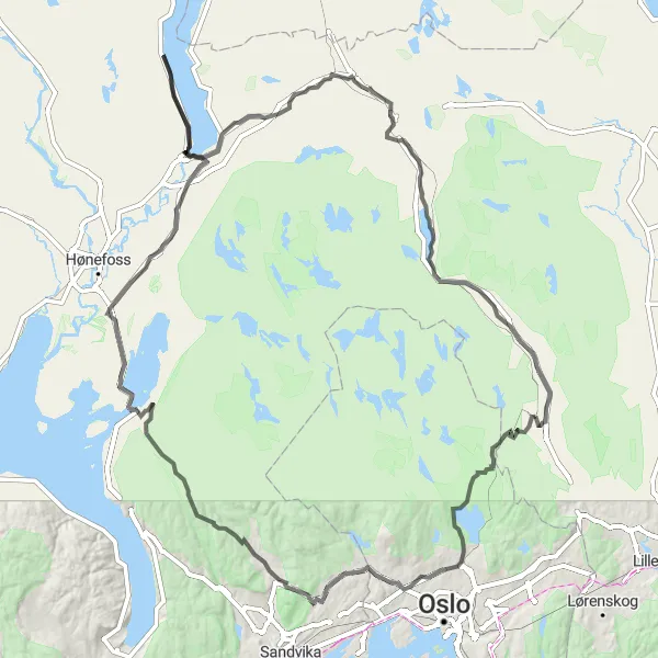 Map miniature of "Maridalen and Harestua Road Cycling Route" cycling inspiration in Oslo og Viken, Norway. Generated by Tarmacs.app cycling route planner