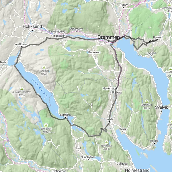 Map miniature of "The Drammen Wilderness Challenge" cycling inspiration in Oslo og Viken, Norway. Generated by Tarmacs.app cycling route planner