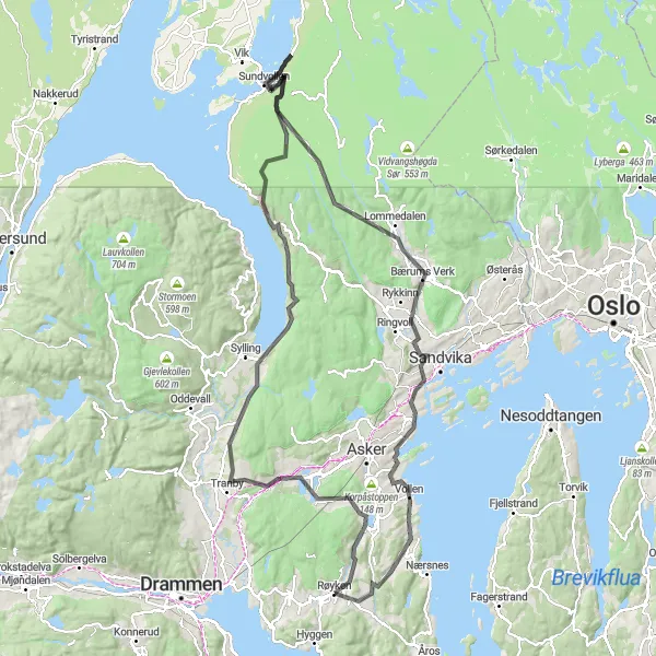 Map miniature of "Heggedal to Røyken via Tranby" cycling inspiration in Oslo og Viken, Norway. Generated by Tarmacs.app cycling route planner