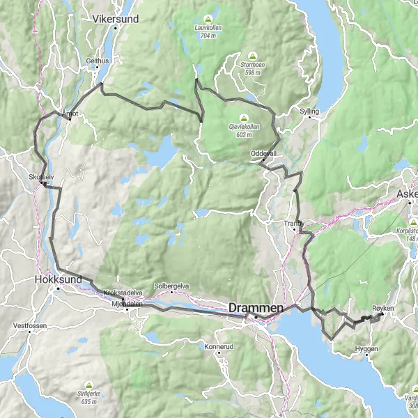 Map miniature of "Spikkestad Adventure" cycling inspiration in Oslo og Viken, Norway. Generated by Tarmacs.app cycling route planner