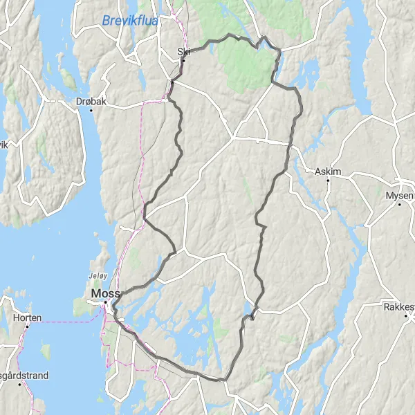 Map miniature of "Serene Road Loop to Holstad" cycling inspiration in Oslo og Viken, Norway. Generated by Tarmacs.app cycling route planner