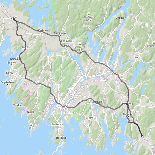 Kartminiatyr av "Rygge til Tomb via Sarpefossen og Fredrikstad" sykkelinspirasjon i Oslo og Viken, Norway. Generert av Tarmacs.app sykkelrutoplanlegger