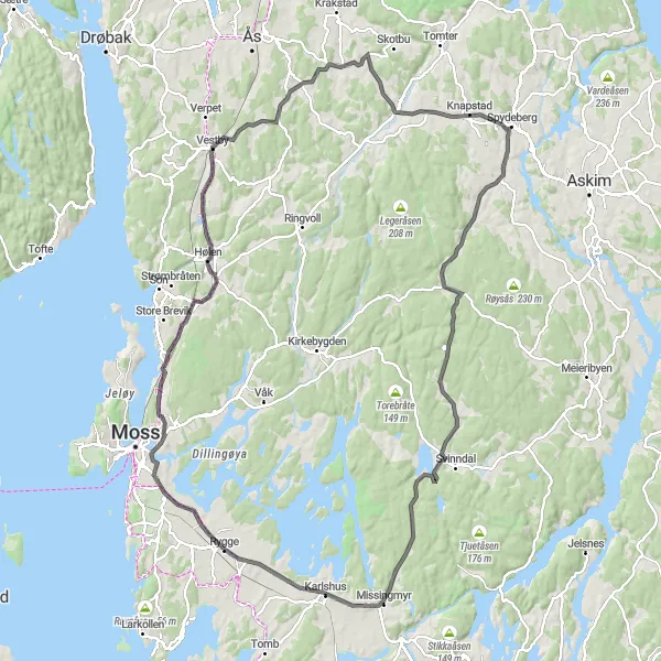 Map miniature of "Blåbæråsen to Kroer Loop" cycling inspiration in Oslo og Viken, Norway. Generated by Tarmacs.app cycling route planner