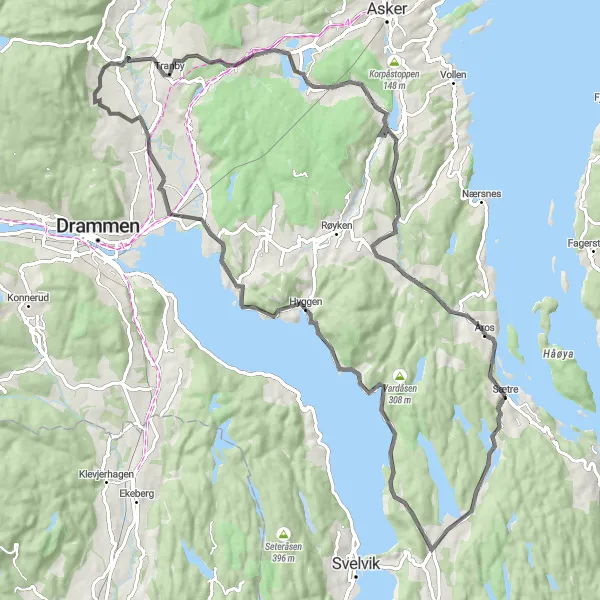 Kartminiatyr av "Mørkvannet til Åros" sykkelinspirasjon i Oslo og Viken, Norway. Generert av Tarmacs.app sykkelrutoplanlegger
