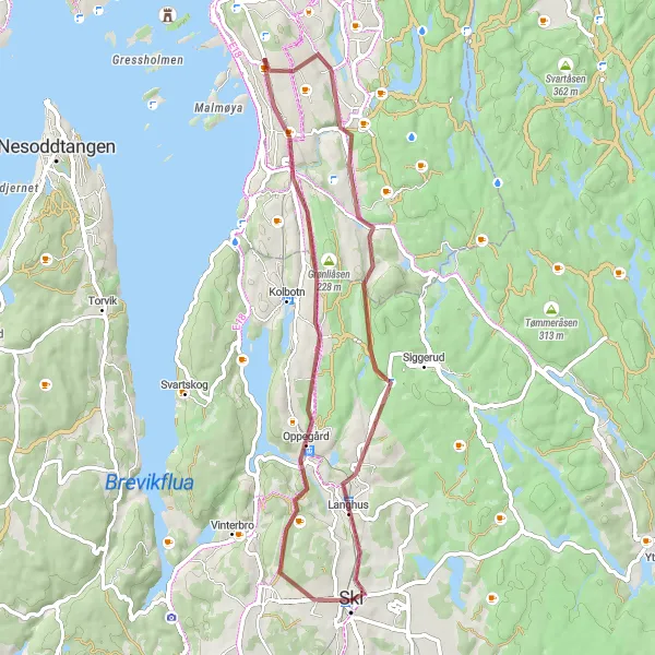 Map miniature of "The Gravel Exploration" cycling inspiration in Oslo og Viken, Norway. Generated by Tarmacs.app cycling route planner