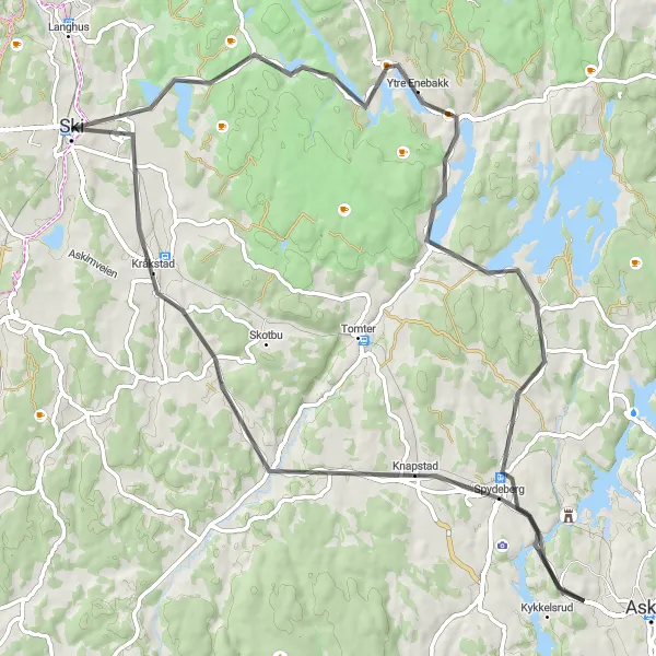 Kartminiatyr av "Veisykkelrute til Kråkstad via Stokstadåsen og Spydeberg" sykkelinspirasjon i Oslo og Viken, Norway. Generert av Tarmacs.app sykkelrutoplanlegger