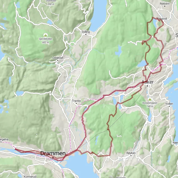 Kartminiatyr av "Oppdag Brastadåsen og Skaugumsåsen" sykkelinspirasjon i Oslo og Viken, Norway. Generert av Tarmacs.app sykkelrutoplanlegger