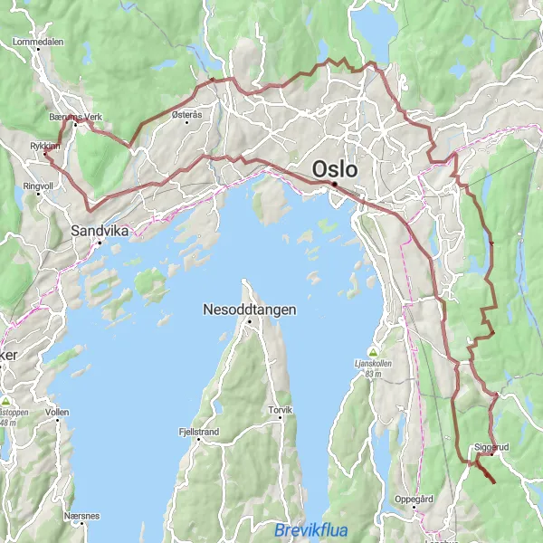 Kartminiatyr av "Ullern - Kringsjå - Østerås tur-retur på grus" sykkelinspirasjon i Oslo og Viken, Norway. Generert av Tarmacs.app sykkelrutoplanlegger